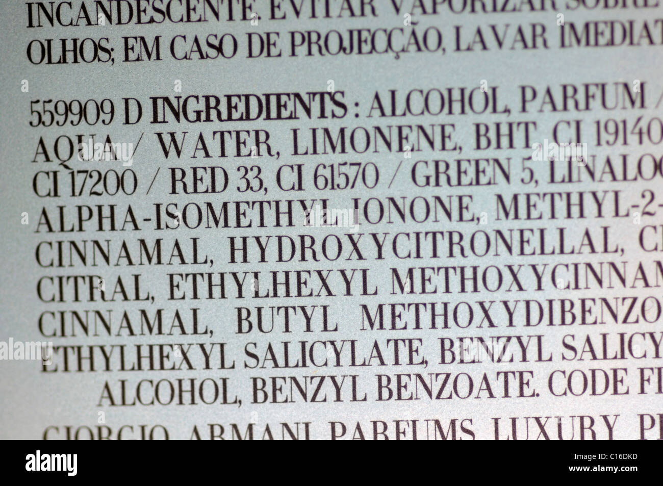 Ingredient list on perfume package Stock Photo
