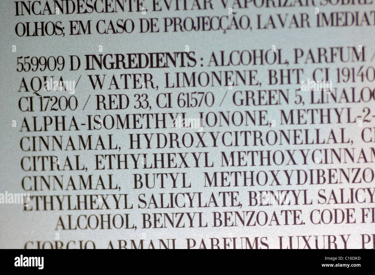 Ingredient list on perfume package Stock Photo Alamy