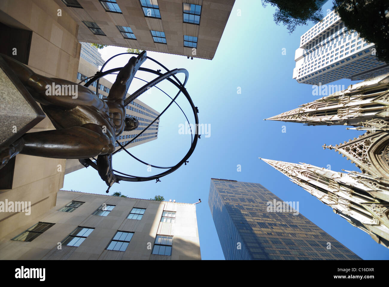 Fifth Avenue with Atlas statue and St. Patrick's Cathedral, in Manhattan, New York City. Stock Photo