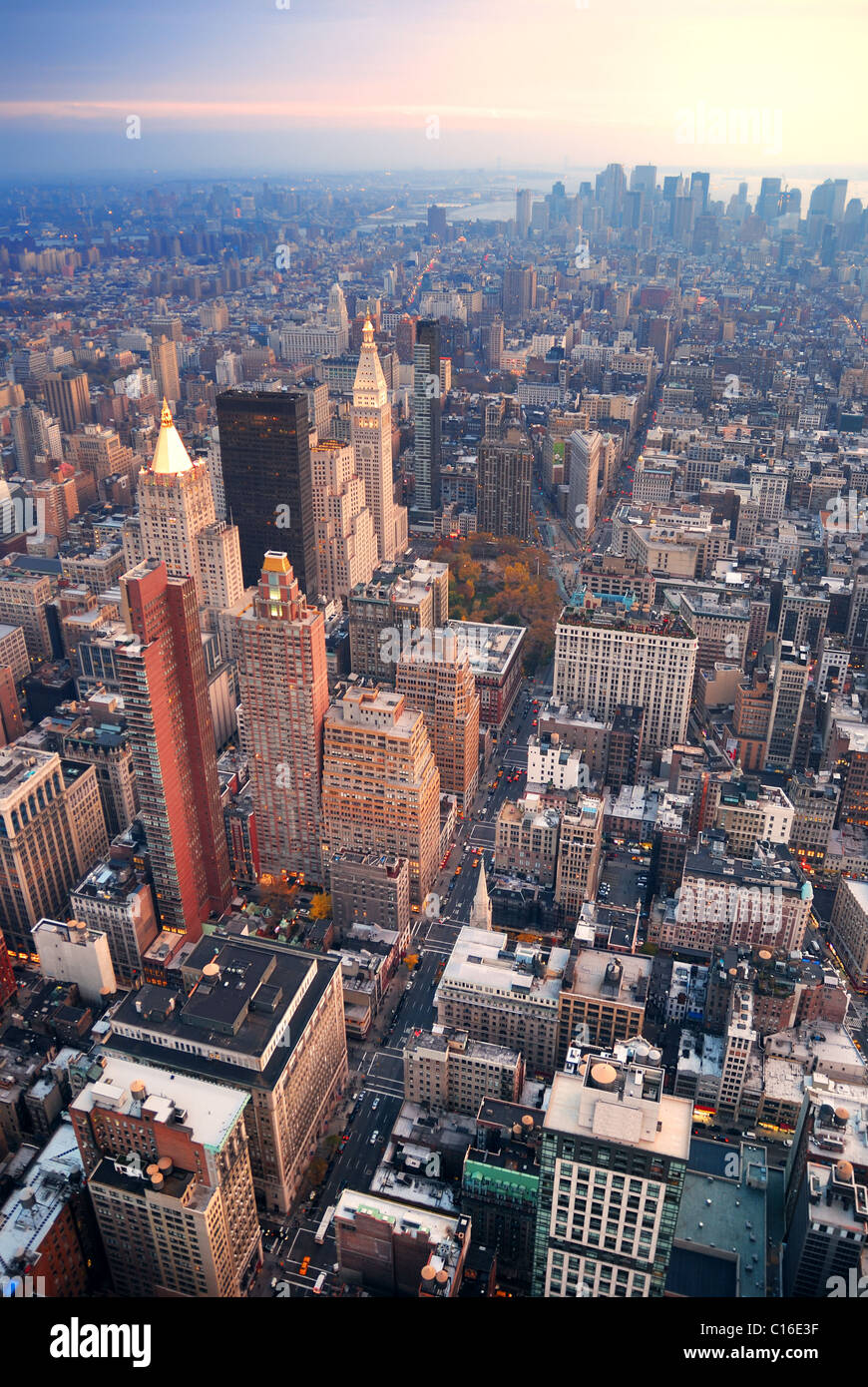 New York City Manhattan skyline aerial view with street and skyscrapers ...
