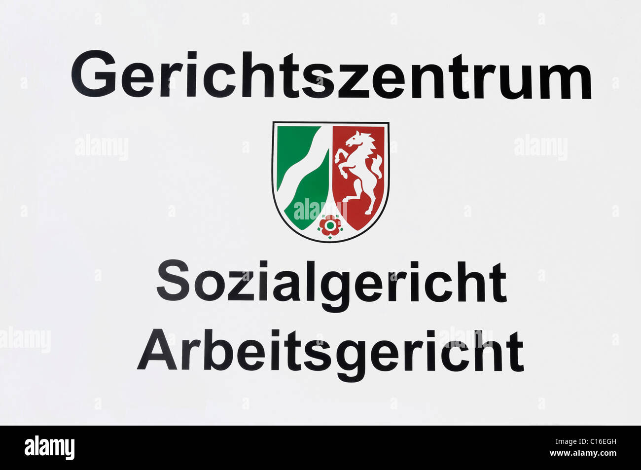 Sign indicating Gerichtszentrum Sozialgericht Amtsgericht, Court Centre, Social Court, Labour Court, also featuring emblem of Stock Photo