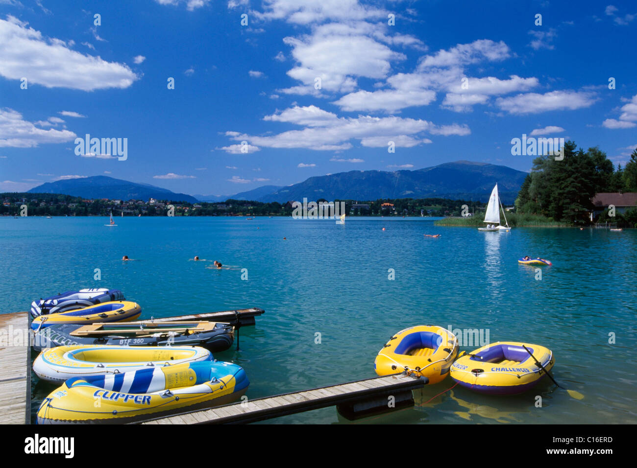 Rubber dinghies on Lake Faaker See, Carinthia, Austria, Europe Stock Photo