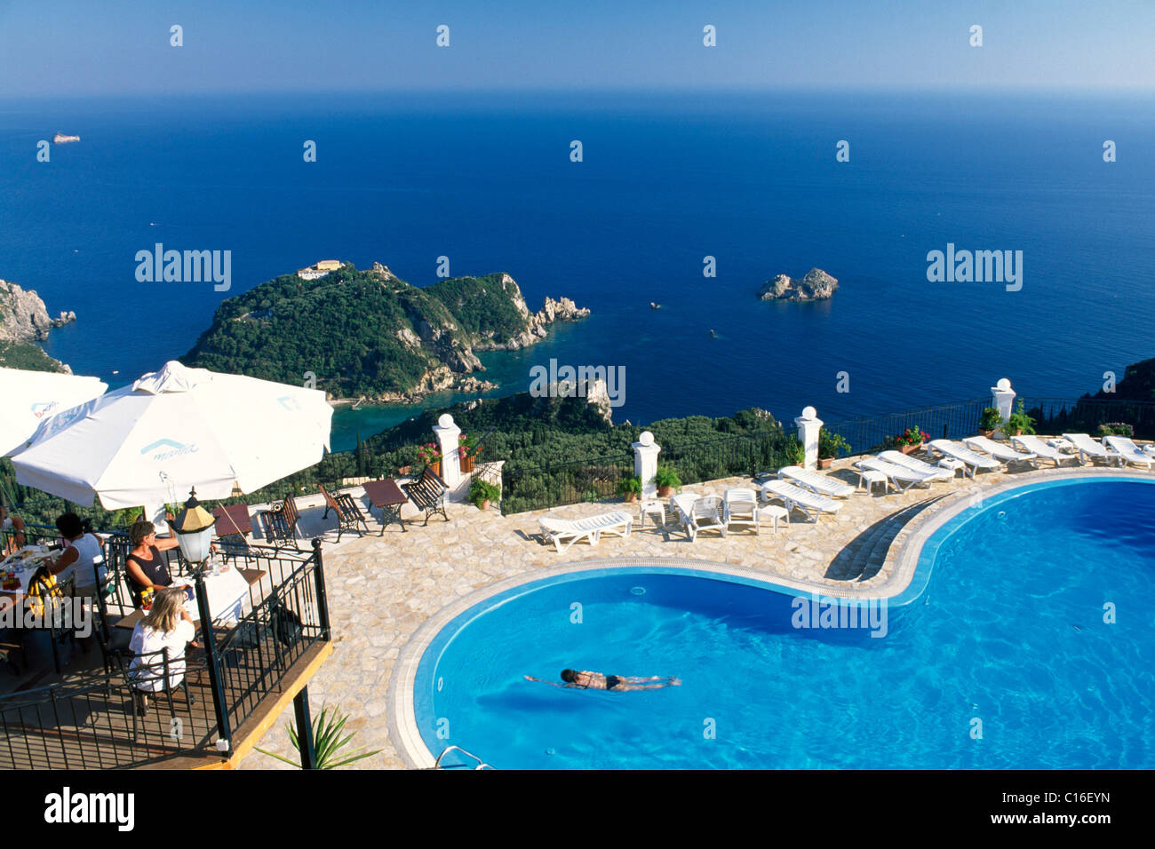 Hotel swimming pool, Lakones, Corfu, Greece, Europe Stock Photo
