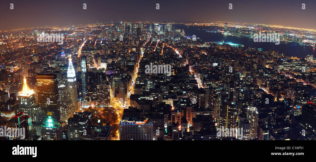 New York City aerial view panorama with Manhattan skyline at night ...