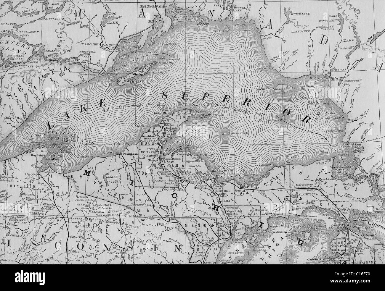 Old map of Lake Superior from original geography textbook, 1884 Stock Photo