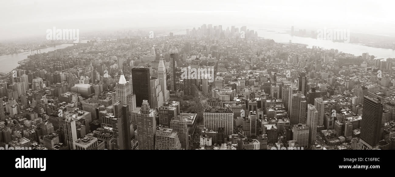 New York City Manhattan skyline aerial view panorama black and white ...