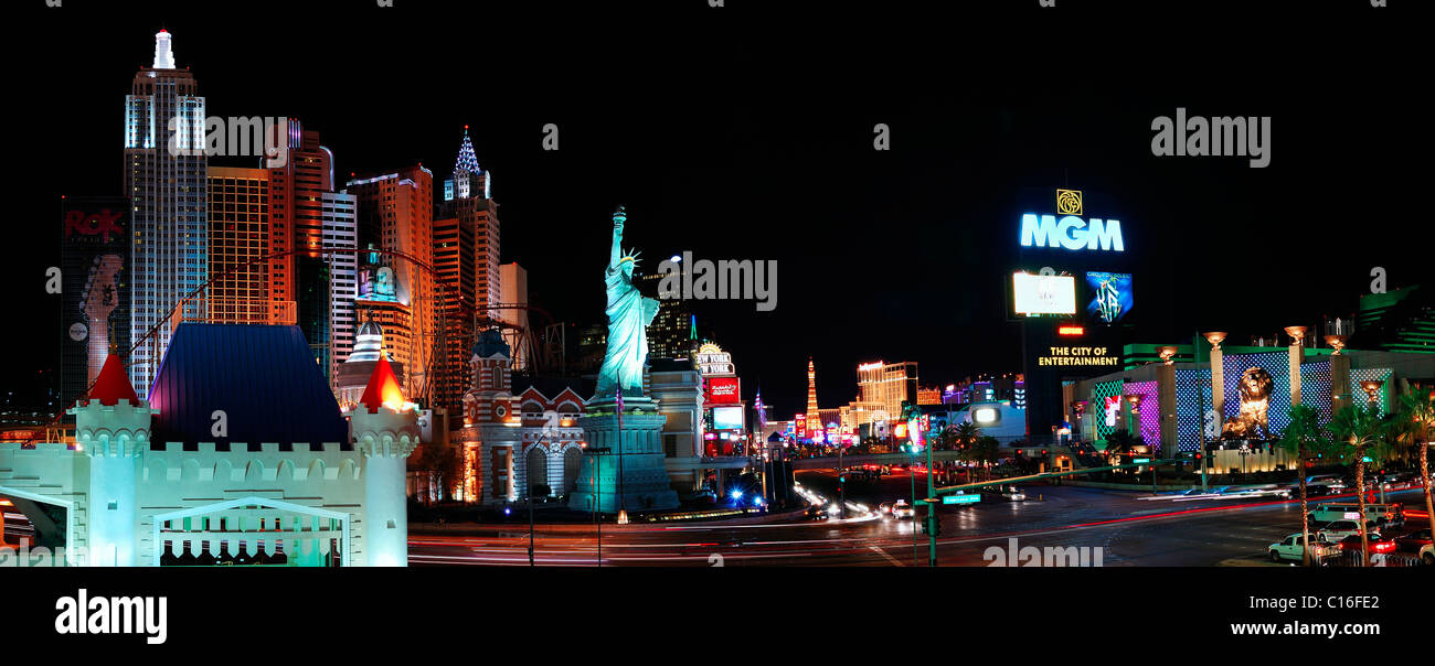 MGM Grand ,New York Hotel and Casino Panorama, Las Vegas with colorful light and traffic Stock Photo
