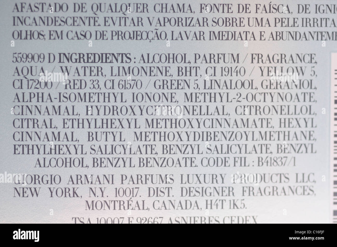 Ingredient list on perfume package Stock Photo Alamy