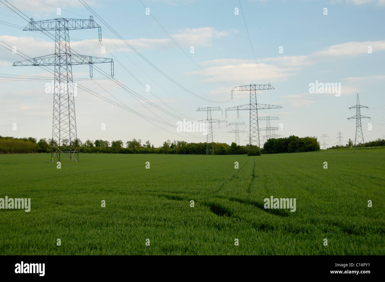 Electricity pylons standing in green fields, Burgenland, Austria, Europe Stock Photo