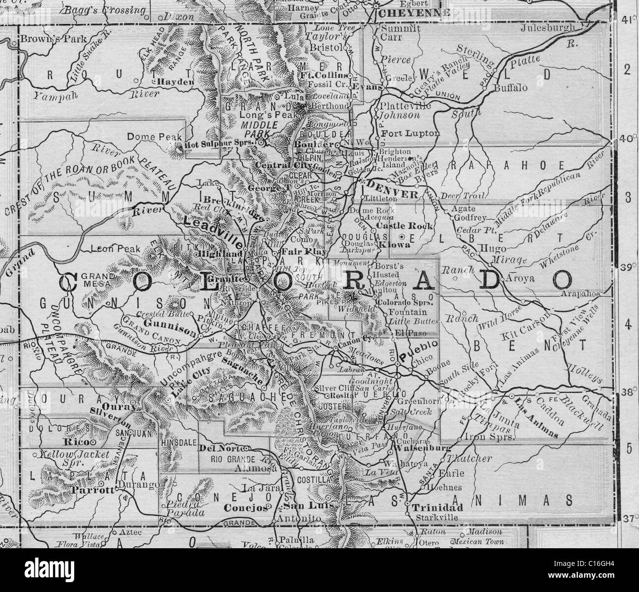Old map of Colorado from original geography textbook, 1884 Stock Photo ...