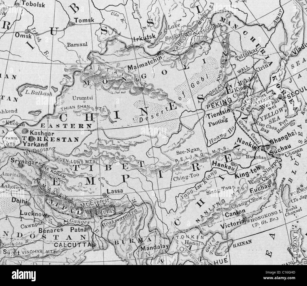 Old map of China from original geography textbook, 1903 Stock Photo