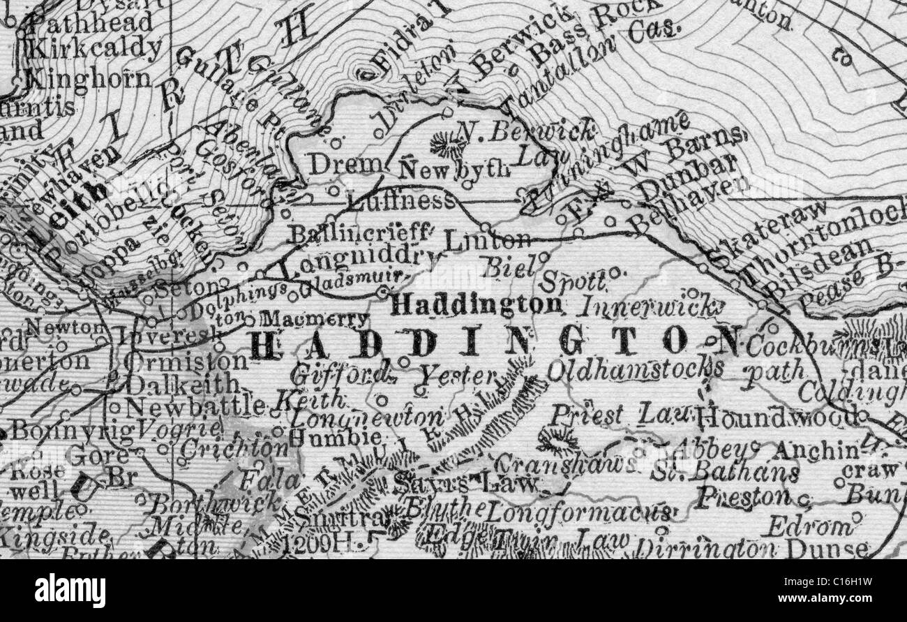 Old map of Haddington from original geography textbook, 1884 Stock