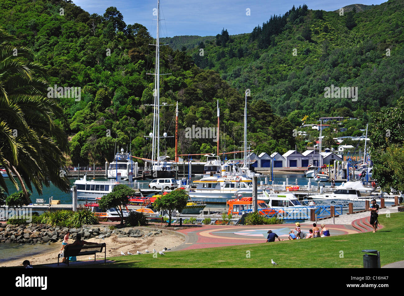 View of foreshore, Picton, Queen Charlotte Sound, Marlborough Sounds, Marlborough Region, South Island, New Zealand Stock Photo