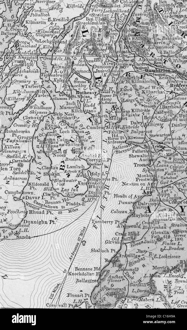 Old map of Firth of Clyde from original geography textbook, 1884 Stock