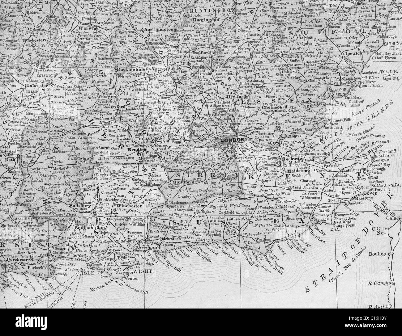 Old map of southeast England from original geography textbook, 1884 Stock Photo