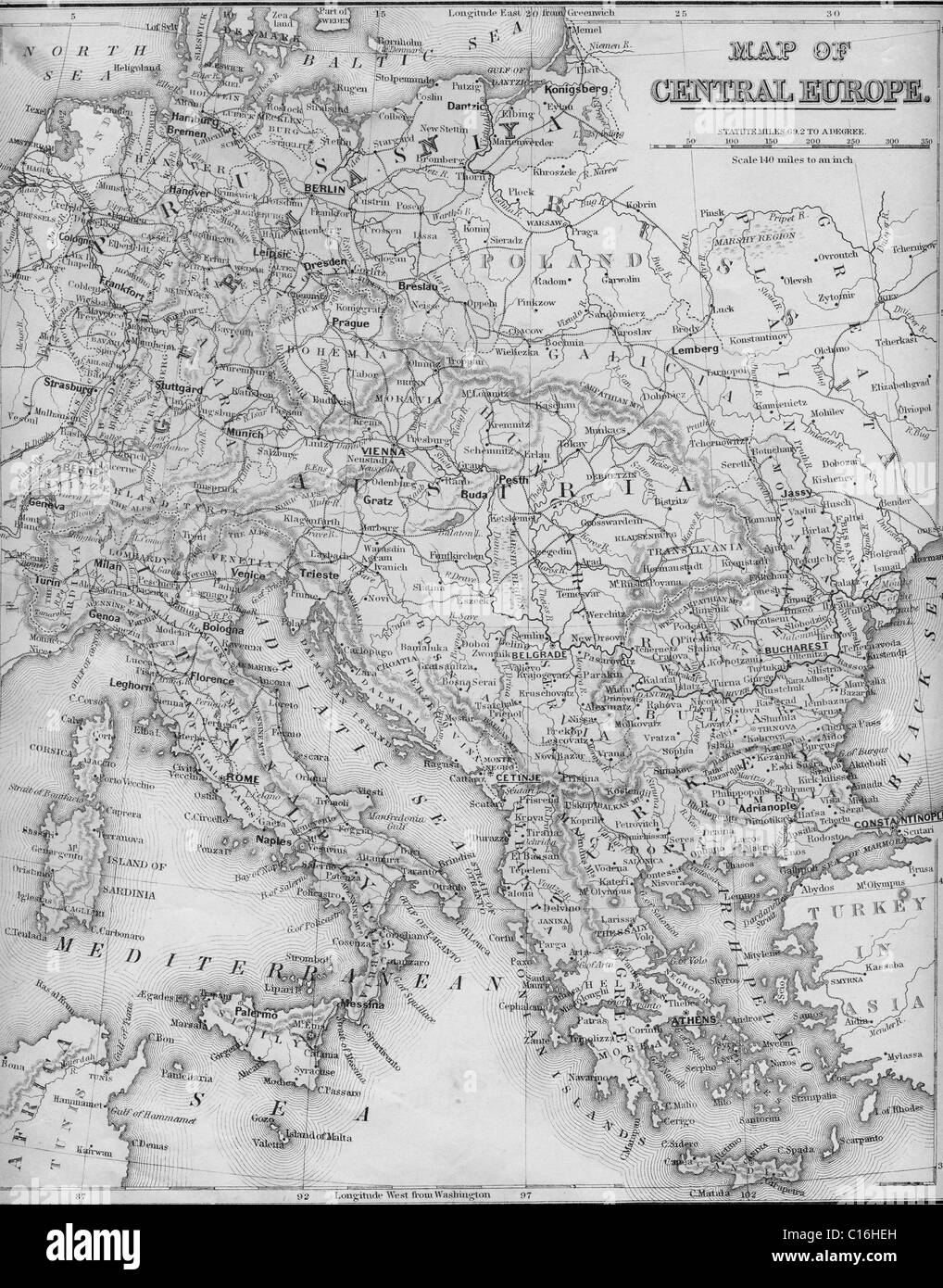 Old map of Central Europe from original geography textbook, 1879 Stock