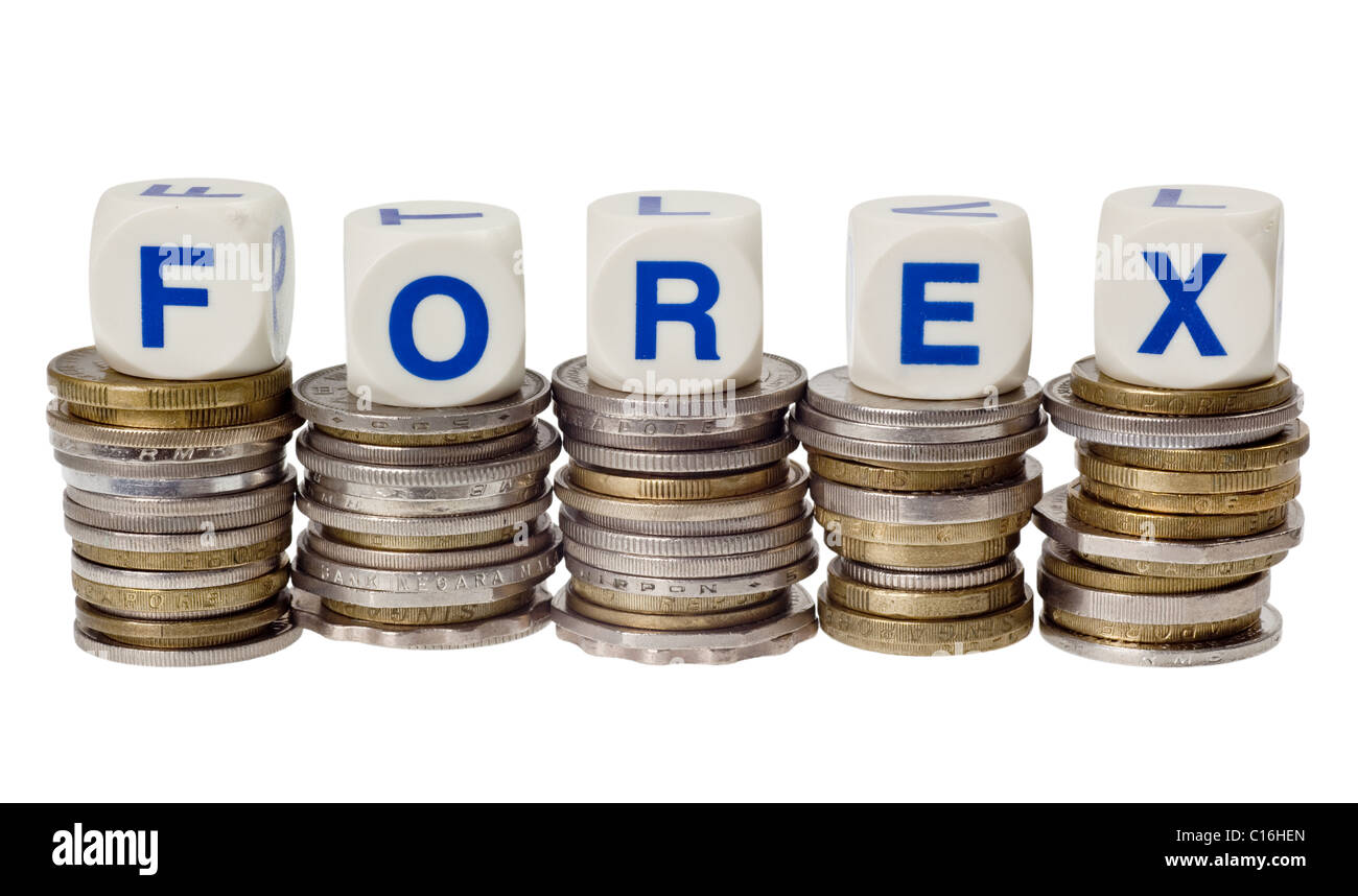 Stacks of coins with the word FOREX isolated on white background Stock Photo