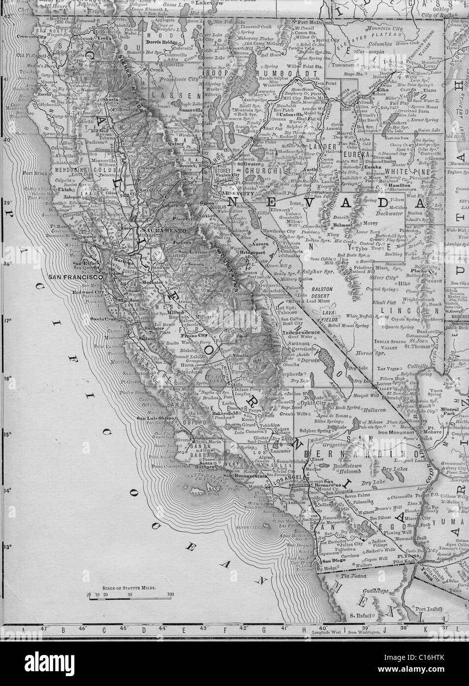 Old map of California and Nevada from original geography textbook, 1884