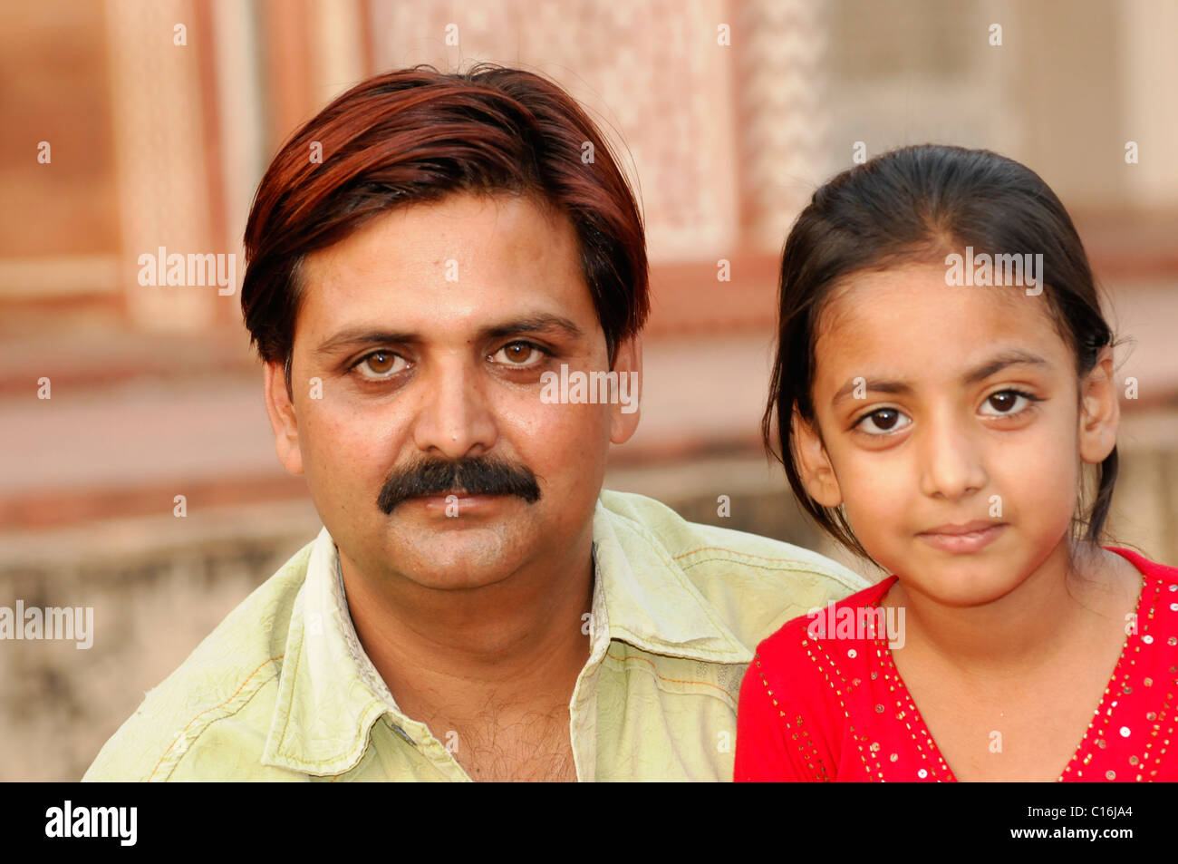 Indians, father and daughter, visiting Akbar's Tomb in Sikandra, Agra, Rajasthan, North India, Asia Stock Photo