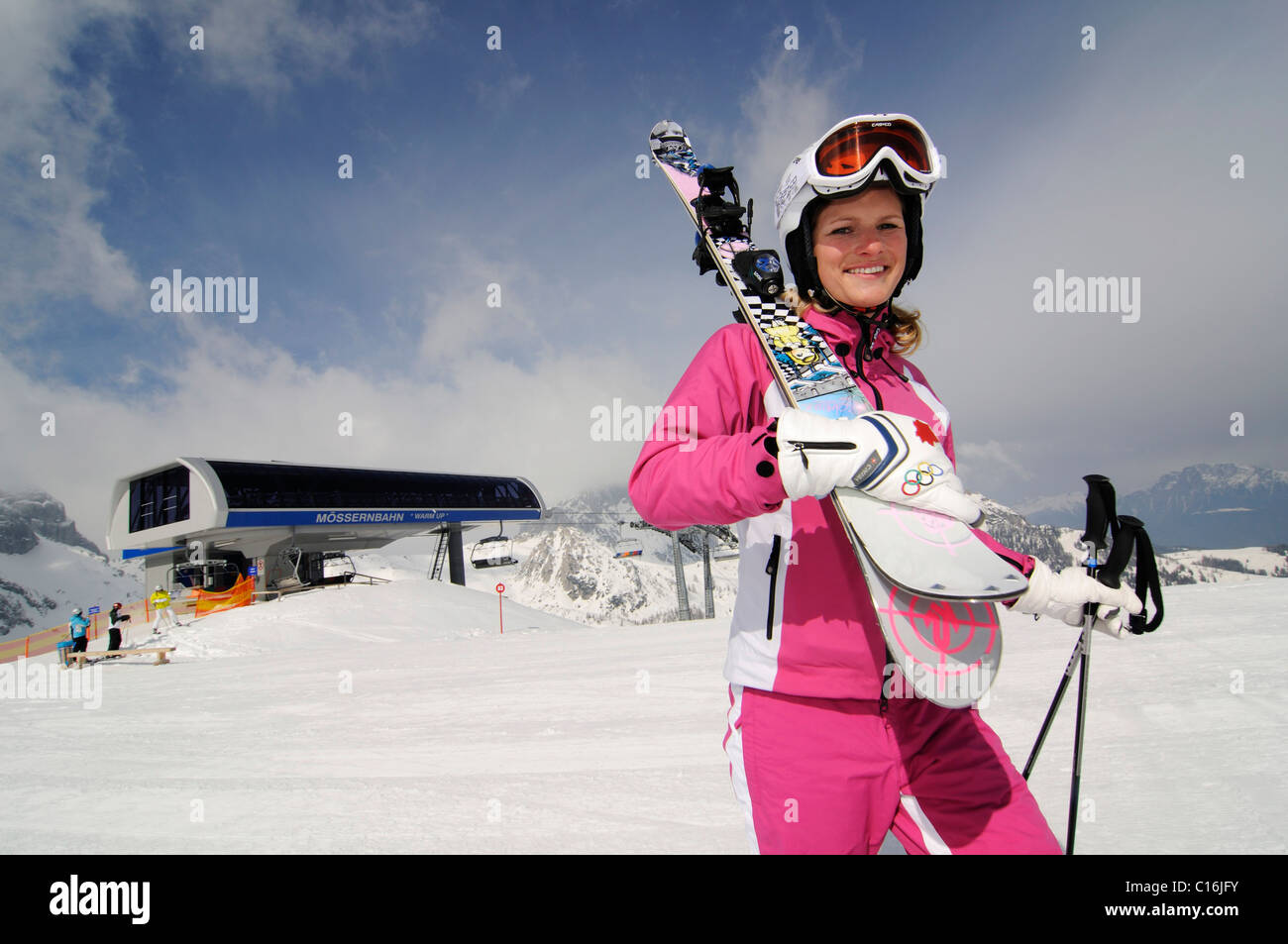 A female skier at the Madritsche Mountain Station, Hermagor, Nassfeld, Kaernten, Austria, Europe Stock Photo