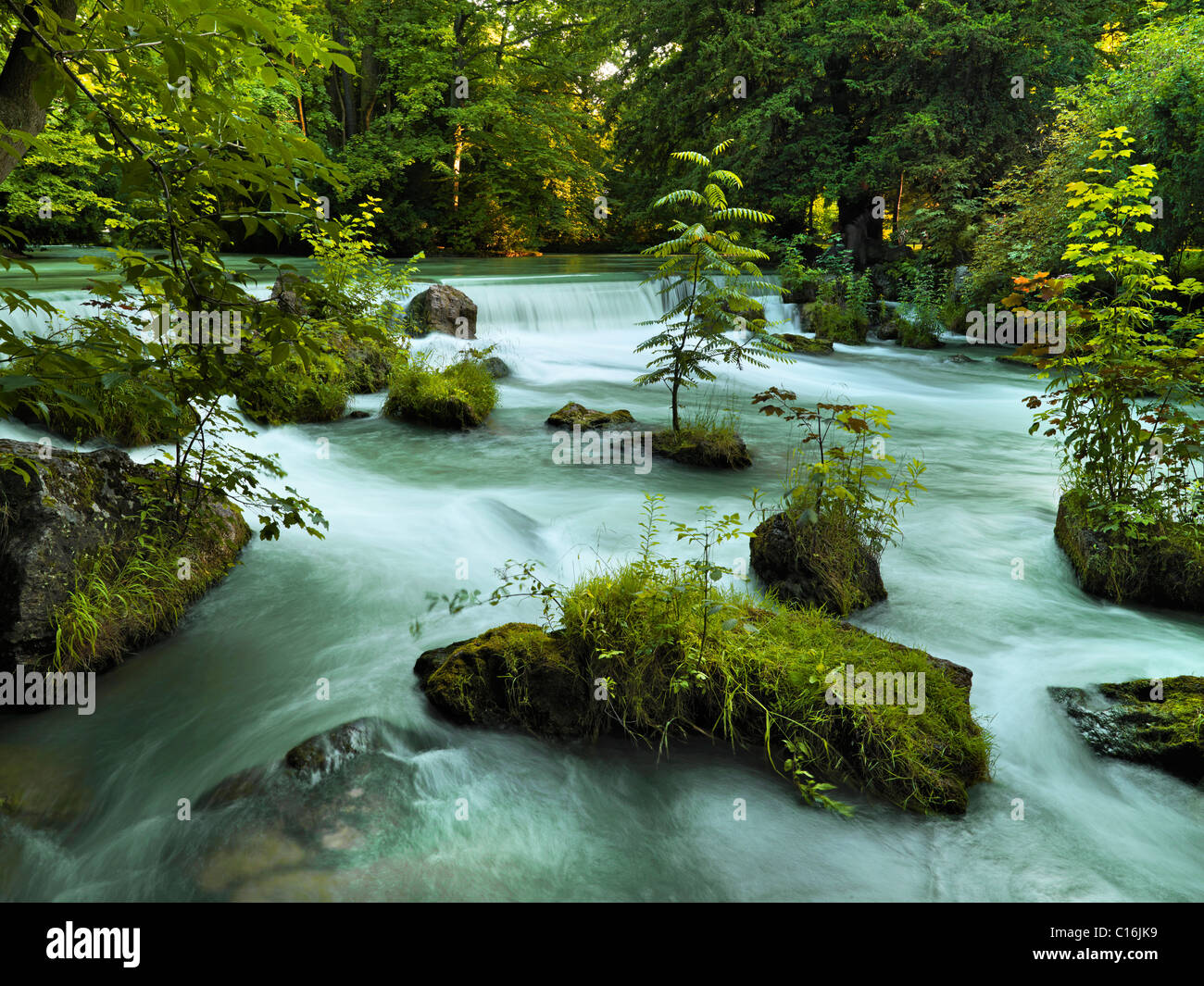 Eisbach Waterfalls In The Englischer Garten Public Park Munich