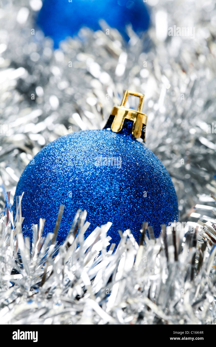Blue Christmas baubles on Christmas decoration Stock Photo