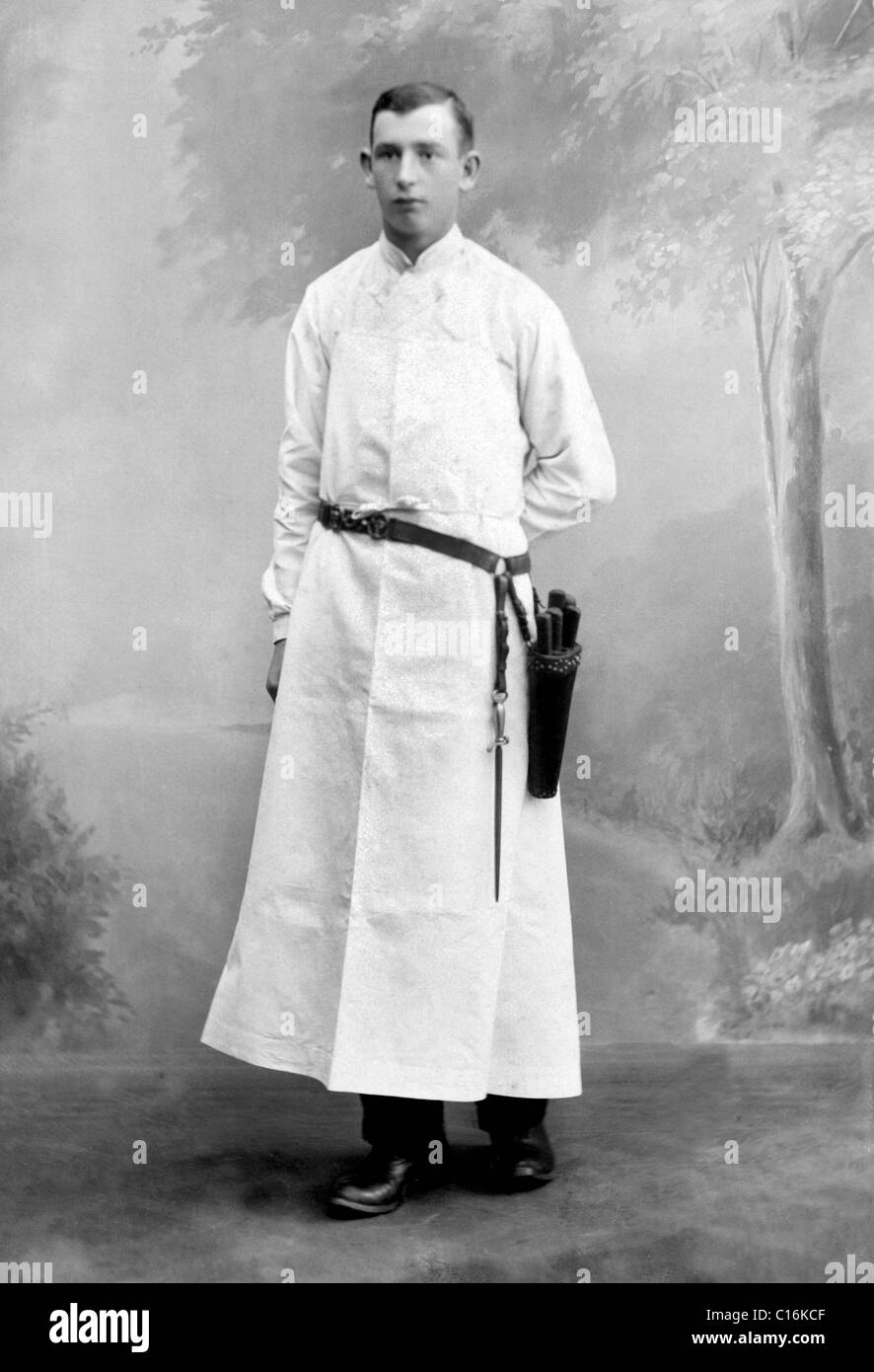 Historic photograph, young butcher Stock Photo