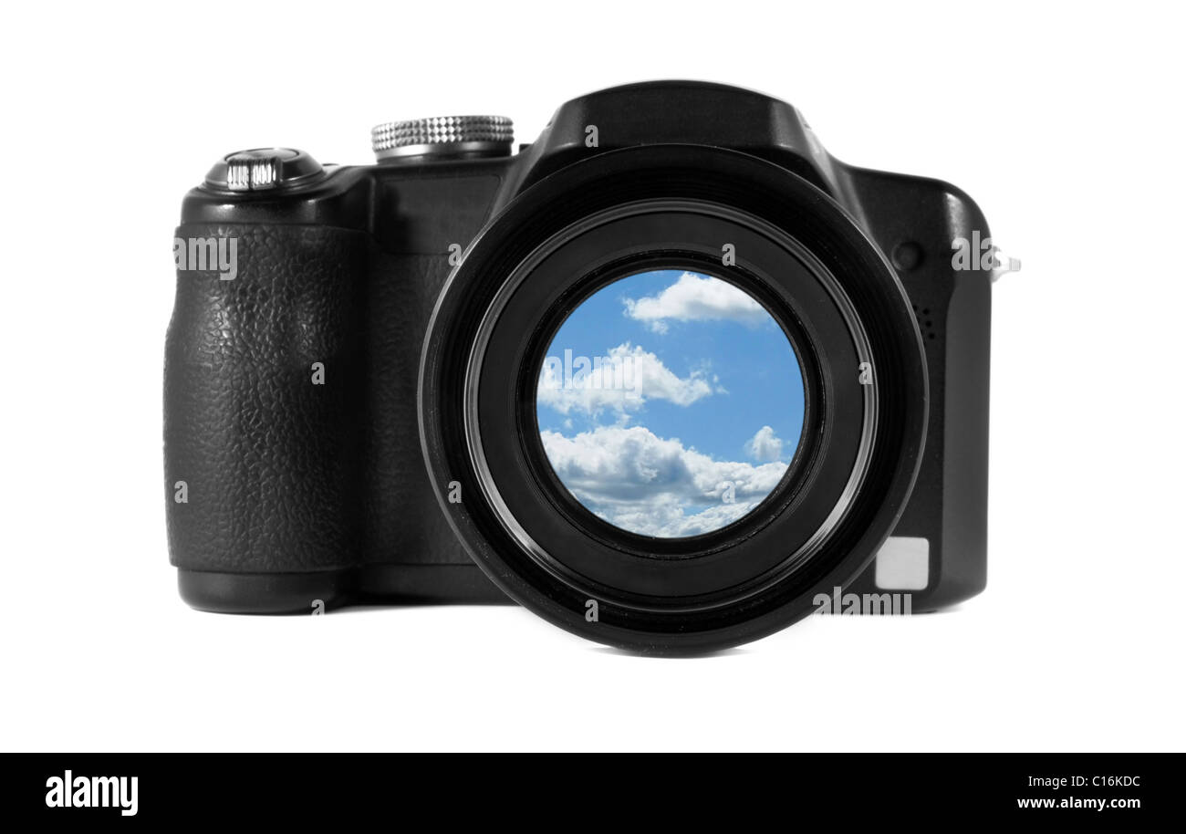 equipment digital black object photography collage sky blue cloud lens background white isolated isolation isolate life opinion Stock Photo