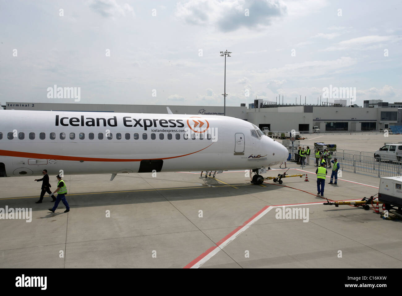 One of airline Iceland Express's airplanes on the apron of Frankfurt-Hahn Airport, Rhineland-Palatinate, Germany, Europe Stock Photo