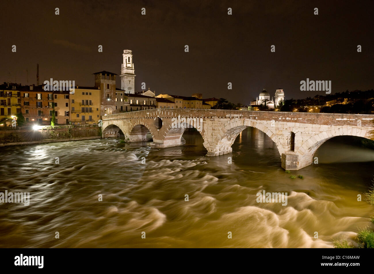 Ponte di Pietra or Ponte Pietra, the Stone Bridge, Adige river, Historic centre of Verona, Italy, Europe Stock Photo