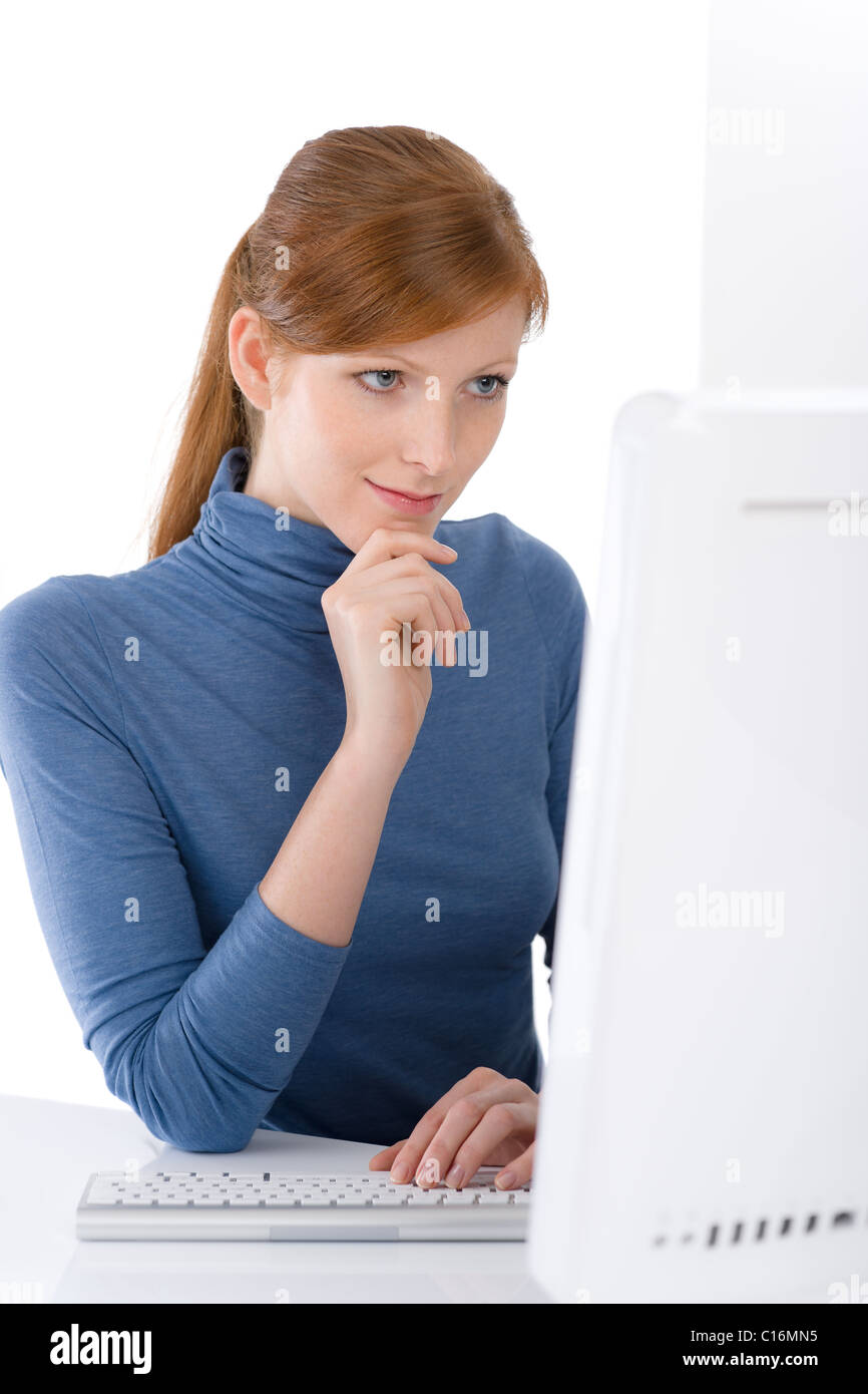 Modern office - young business woman work at computer Stock Photo - Alamy