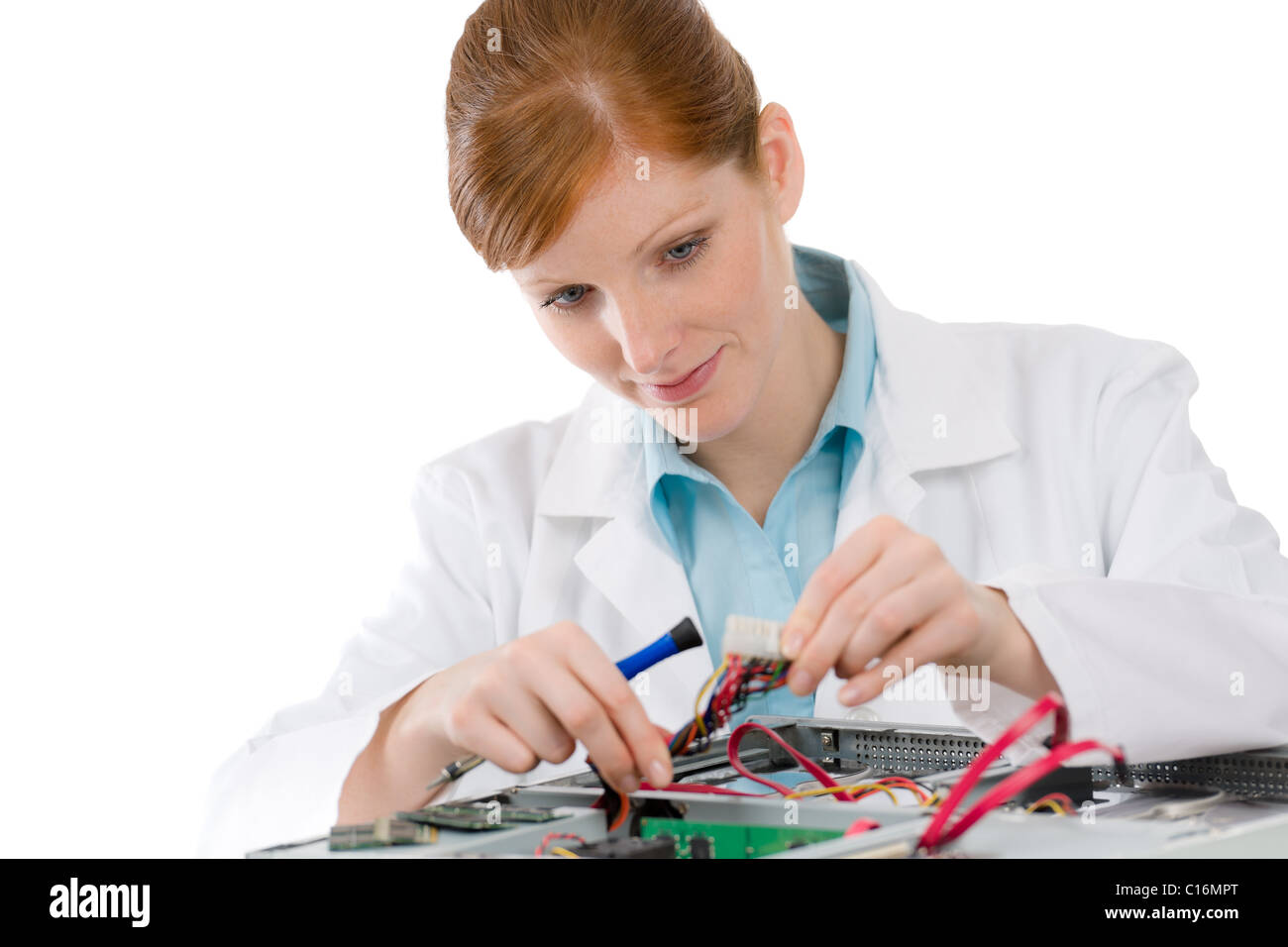 Female support computer engineer - IT woman repair defect Stock Photo
