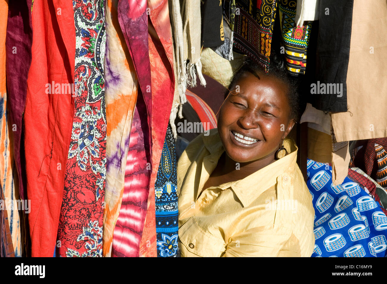 Maasai materials and fabrics with traditional patterns and designs sold on  a local market Stock Photo - Alamy