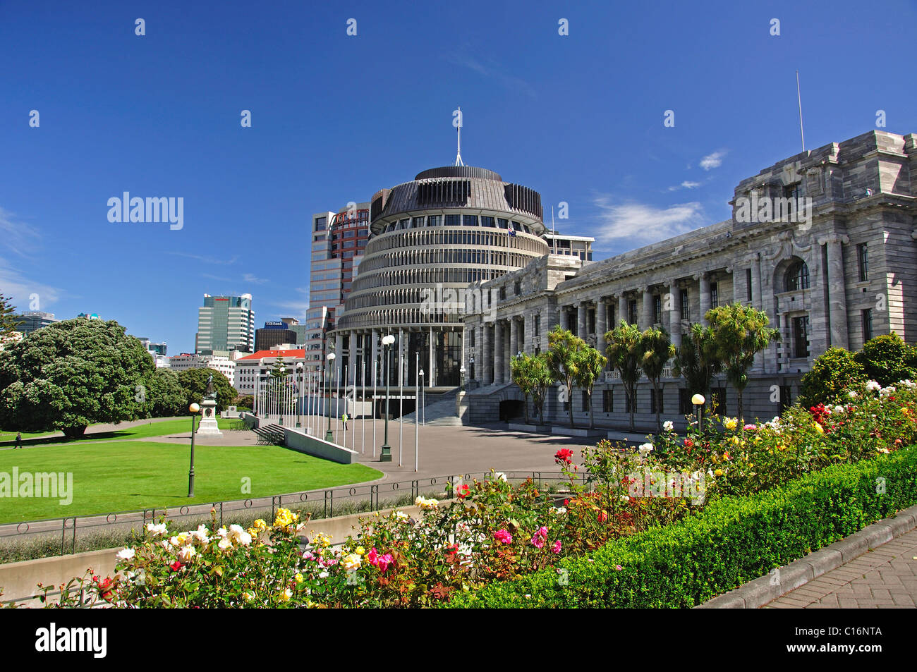 New Zealand Government 'Beehive' and Parliament Building. Lambton Quay, Wellington, Wellington Region, North Island, New Zealand Stock Photo