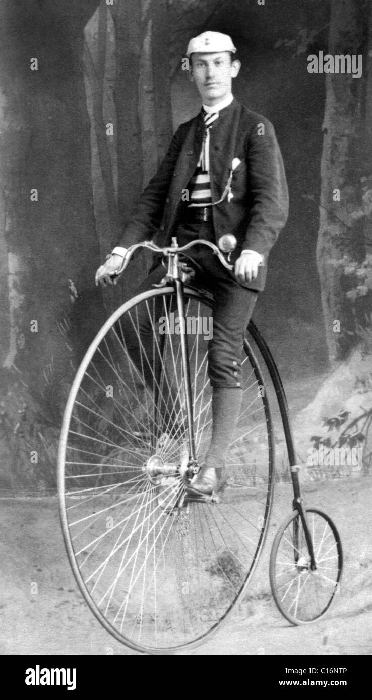 Historic photograph, man riding a penny-farthing Stock Photo