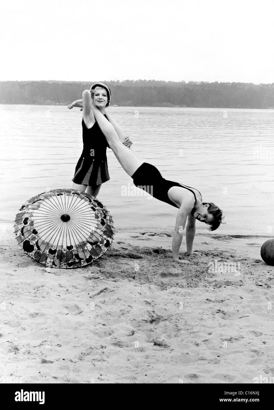 Historic photograph, couple joking around at the beach Stock Photo