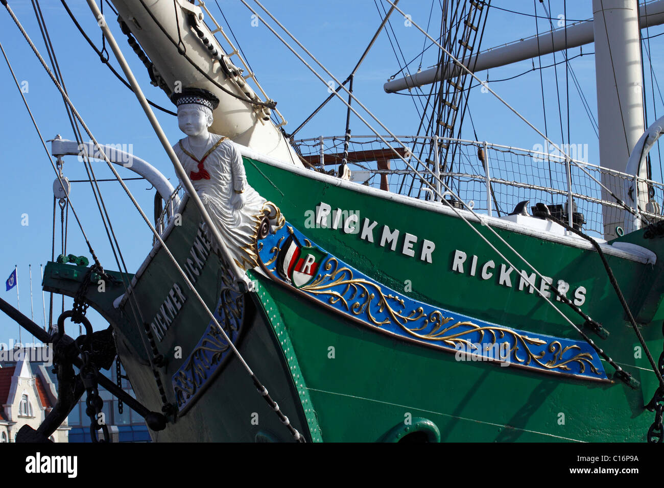 Rickmer Rickmers, museum ship at the Port of Hamburg, sailing ship with figurehead, tall ship, three-masted barque, windjammer Stock Photo