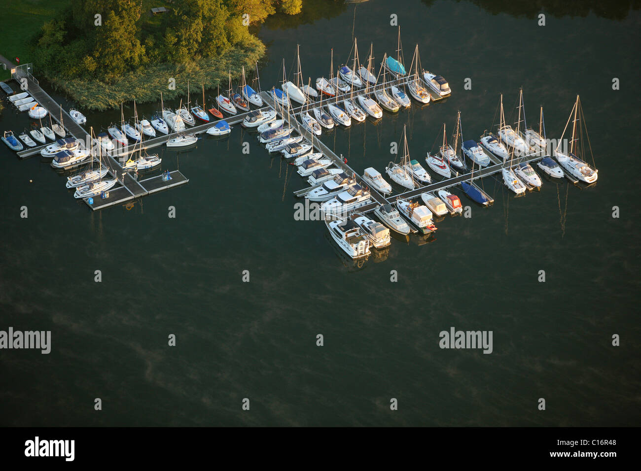 Aerial photograph, boat landing stage, sailboats, Roebel, Mueritz, Mecklenburg-Western Pomerania, Germany, Europe Stock Photo