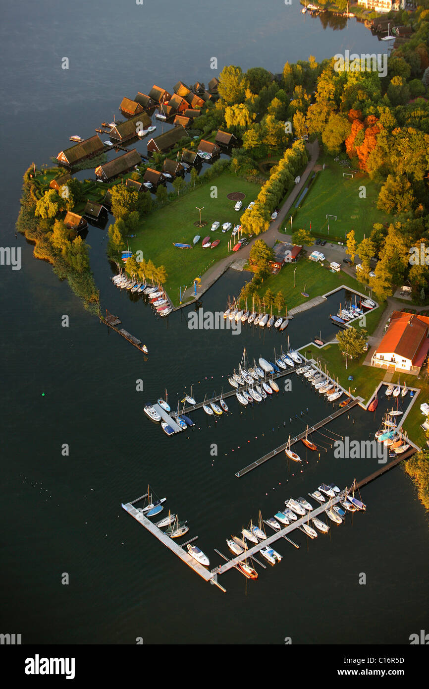 Aerial photograph, camp site, boat houses, Roebel, Mueritz, Mecklenburg-Western Pomerania, Germany, Europe Stock Photo