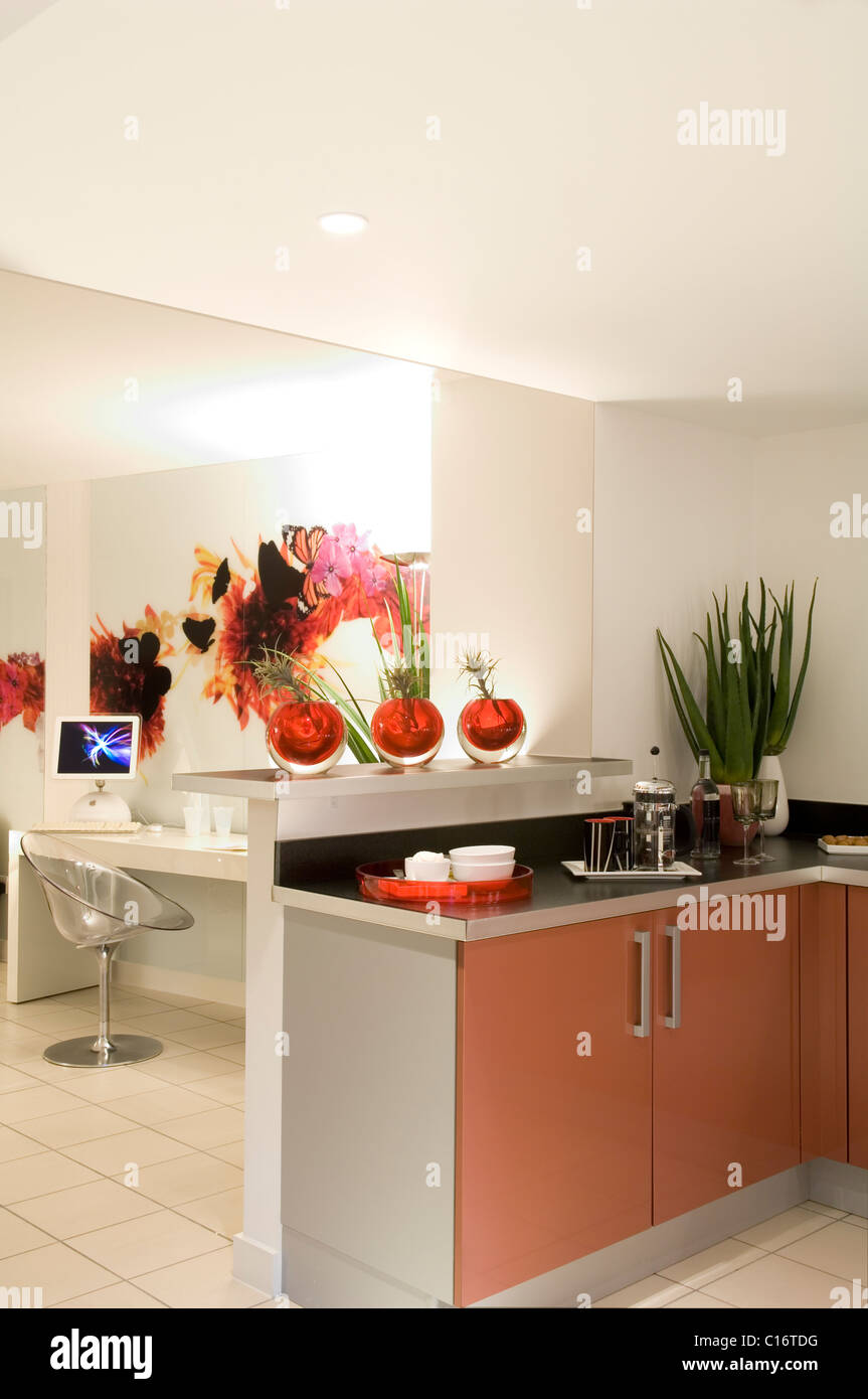 Modern kitchen/ office space with potted cactus and cafetiere Stock Photo