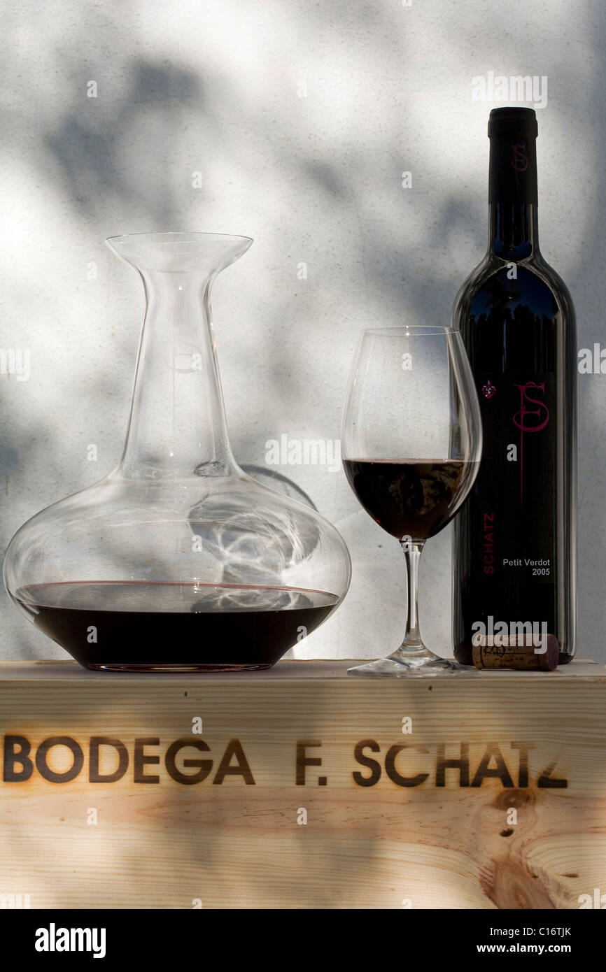 Petit verdot red wine, Bodega F. Schatz, decanter, wine, bottle, glass, Ronda, Andalusia, Spain, Europe Stock Photo