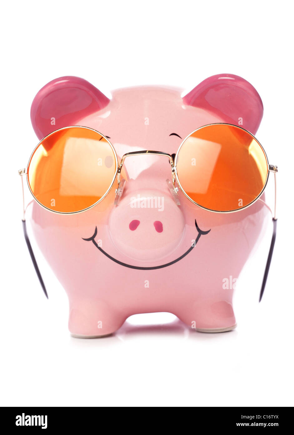 Piggy bank wearing retro sunglasses studio cutout Stock Photo