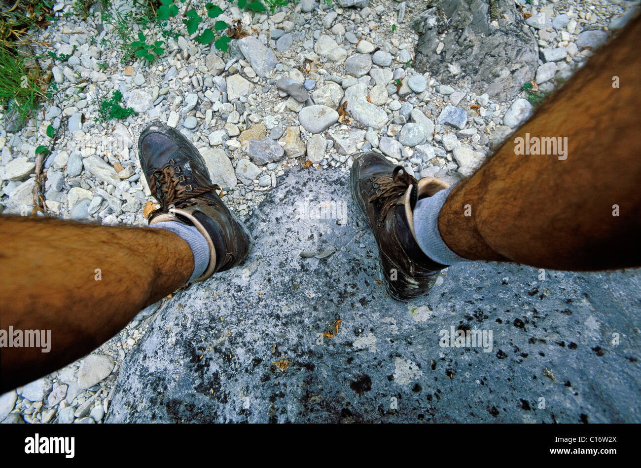 Men's legs wearing hiking boots, Europe Stock Photo Alamy