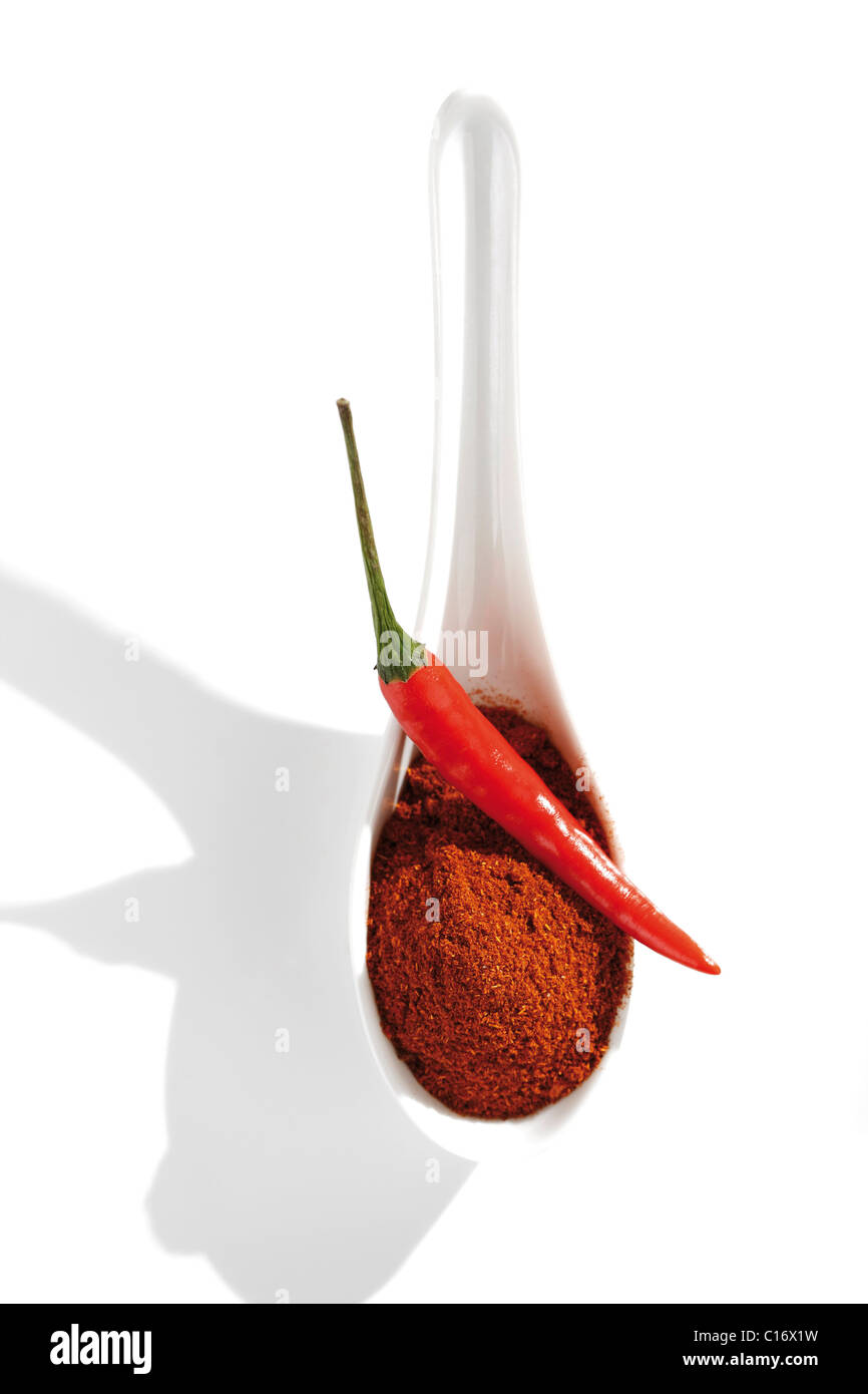 Chilli powder with a Thai chilli in a spoon Stock Photo Alamy