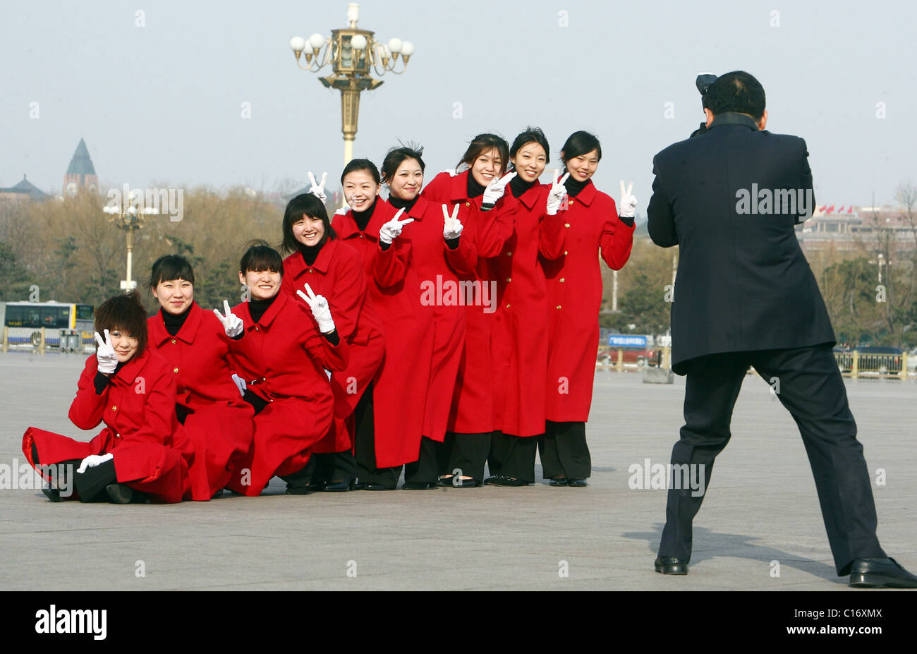 Chinese air hostesses pose in the capital, Beijing.  Beijing, China - 10.03.09  ** ** Stock Photo