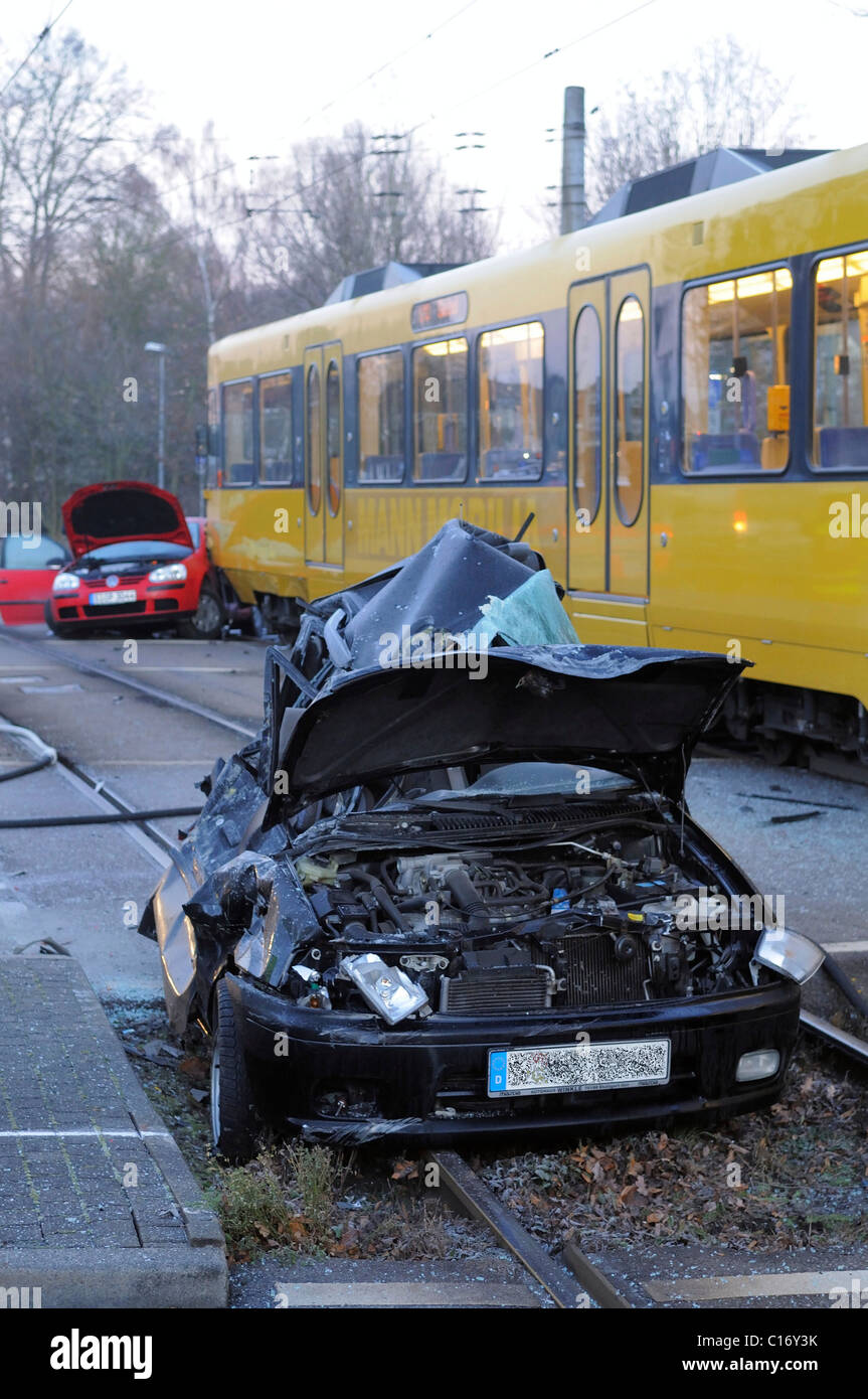 Serious road traffic accident, two cars collide with a tram in Weilimdorf, Stuttgart, Baden-Wuerttemberg, Germany, Europe Stock Photo