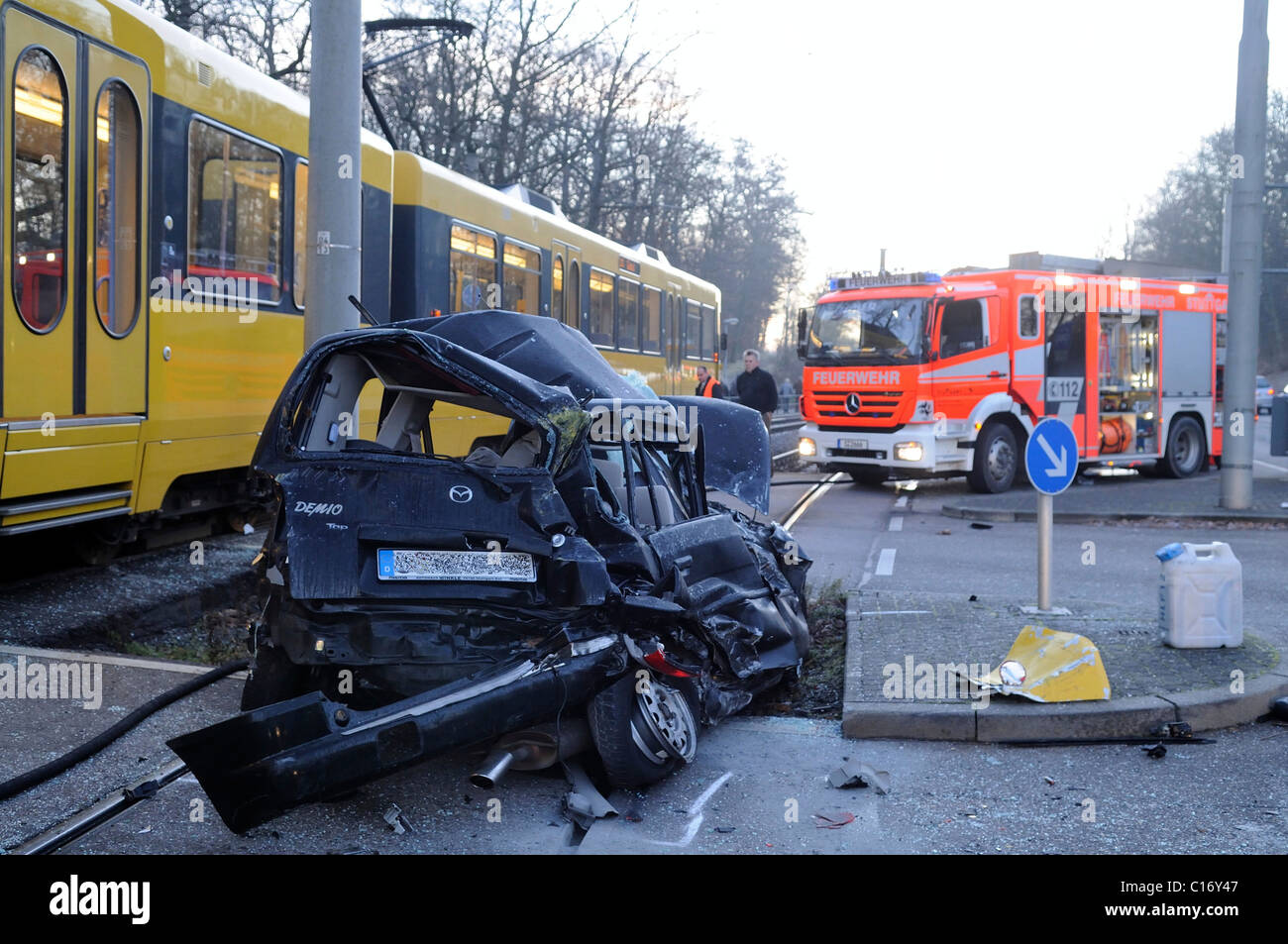 Serious road traffic accident, two cars collide with a tram in Weilimdorf, Stuttgart, Baden-Wuerttemberg, Germany, Europe Stock Photo