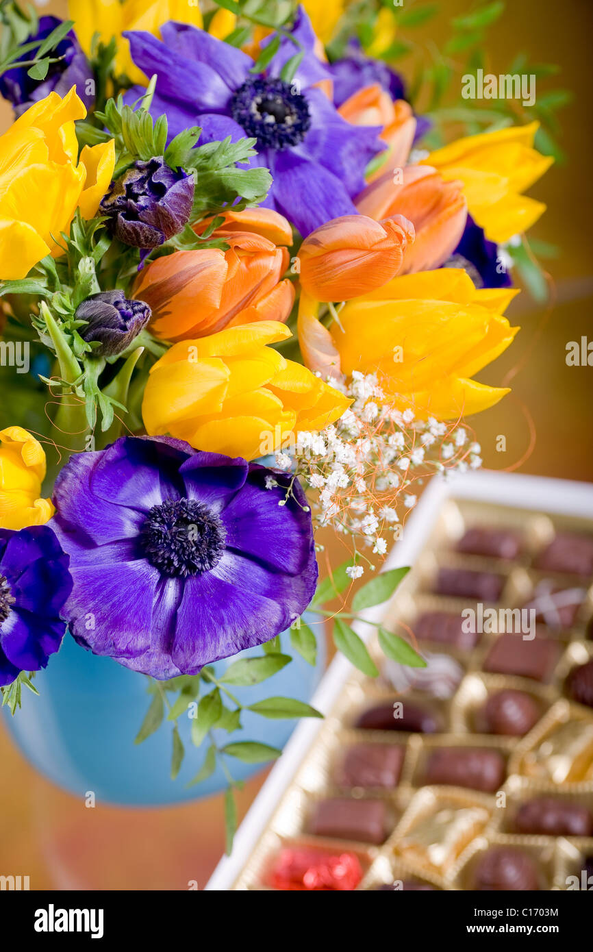 bunch of anemones and tulips Stock Photo