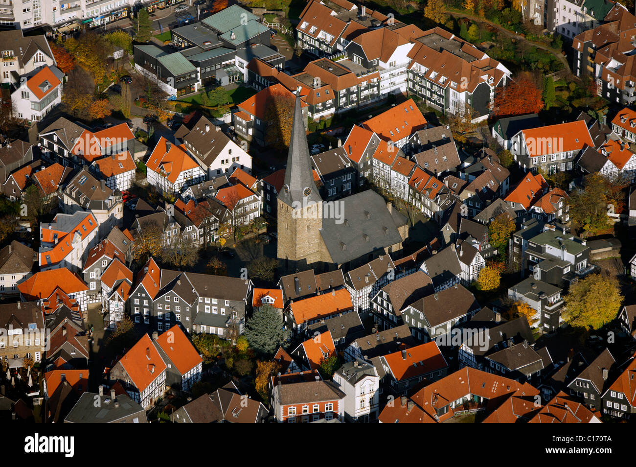 Aerial view, Saint George's Church, inner city, historic district, Hattingen, North Rhine-Westphalia, Germany, Europe Stock Photo