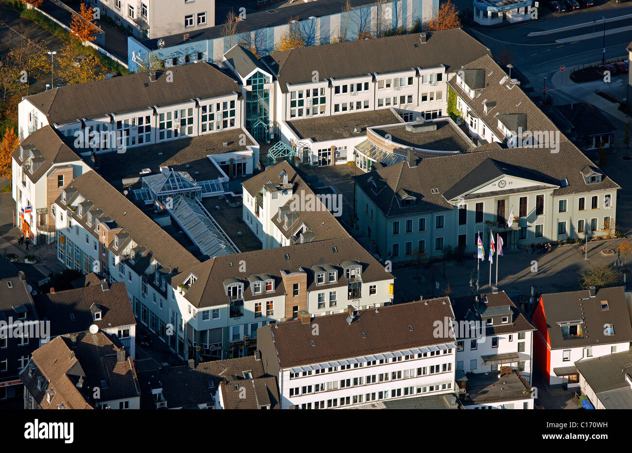 Aerial view, town hall, Heiligenhaus, North Rhine-Westphalia, Germany, Europe Stock Photo